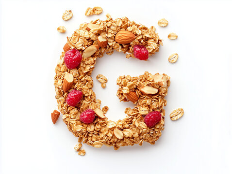 a letter G made of granola with nuts and berries. Minimalistic design on a plain white background