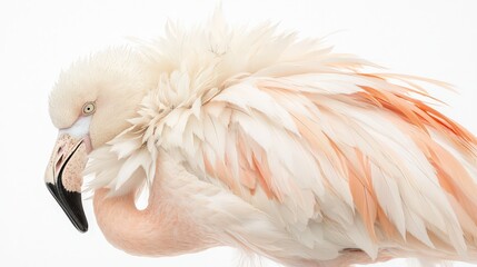 Elegant flamingo portrait, soft pastel tones, detailed feathers, pristine white background, serene bird.