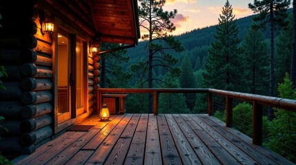 Fototapeta premium Serene Sunset View from a Rustic Cabin Deck with Warm Lantern Light