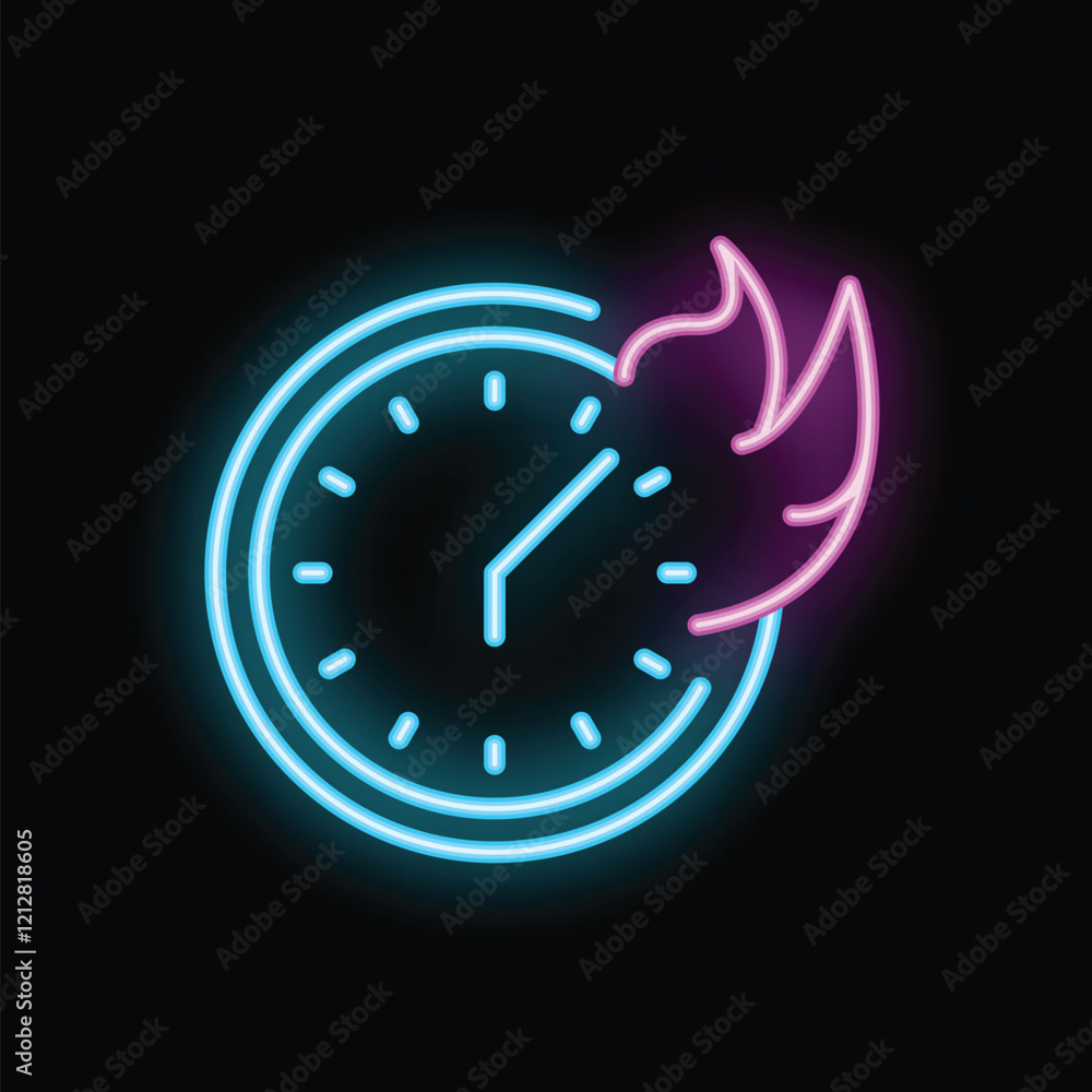 Poster neon clock face with flames showing quickly passing time, deadline or time management concept