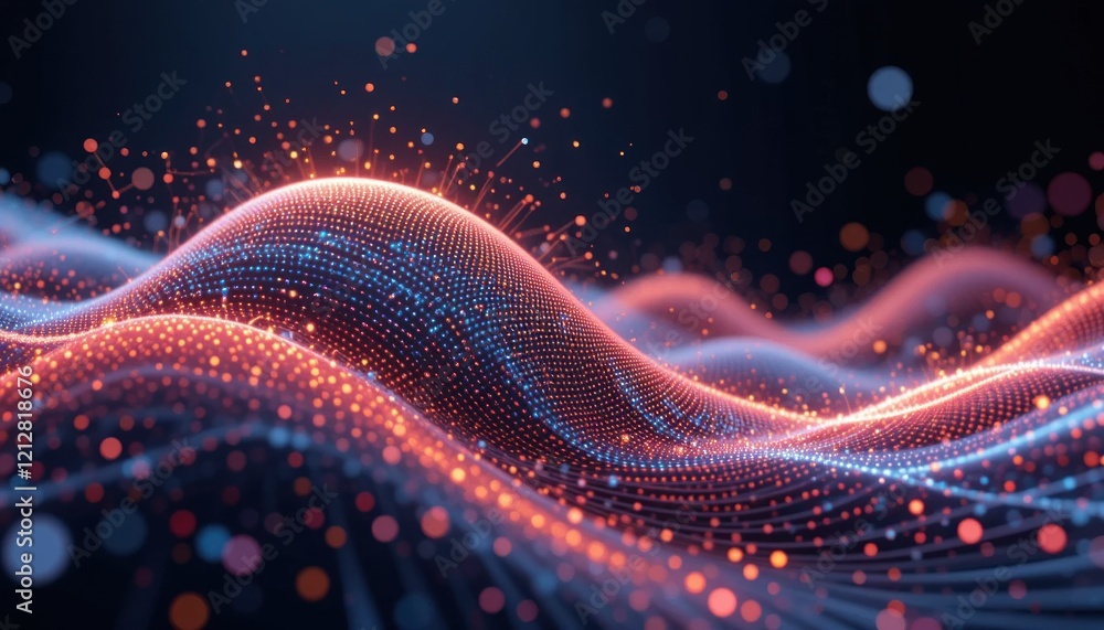 Poster abstract glowing waves formed by a matrix of red and blue dots with light trails