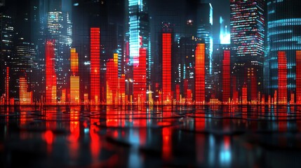 Red digital bars overlay cityscape at night reflecting on wet surface.