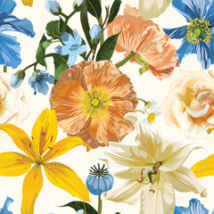 Seamless Pattern. Garden flowers. Magical lily, daisy, poppy and rose flowers. Realistic vector image. Print for all types of surfaces. Trendy print.