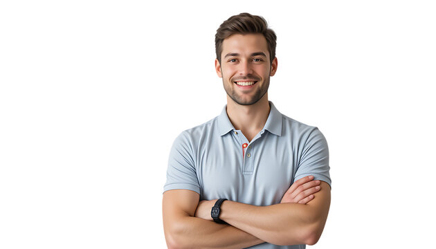Smiling handsome man in polo shirt standing with crossed arms on transparent backgraound