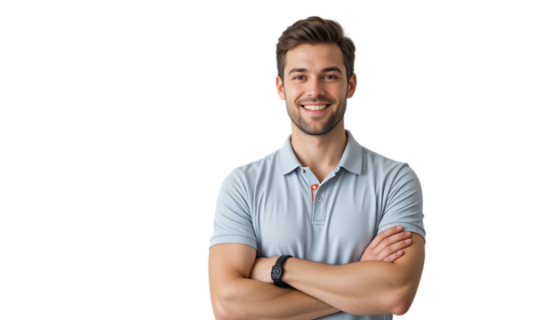 Smiling handsome man in polo shirt standing with crossed arms on transparent backgraound