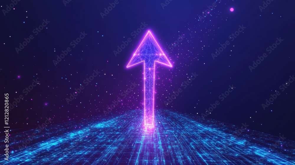 Poster blue and pink arrow with glowing lines on a dark background in a modern abstract style