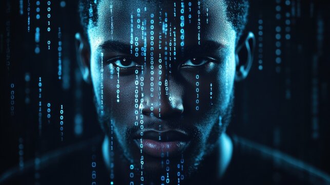 technology, cyberspace and programming concept - portrait of young african american man over binary code numbers on black background
