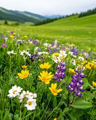 Obraz premium A vibrant tapestry of wildflowers blankets a lush green meadow, nestled amongst rolling hills and majestic mountains under a soft