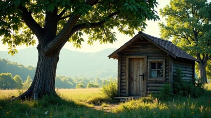 Secluded Rustic Cabin Nestled Beneath the Shade of a Majestic Tree in a Serene Meadow Landscape