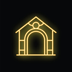 Yellow neon icon of doghouse shining on black wall