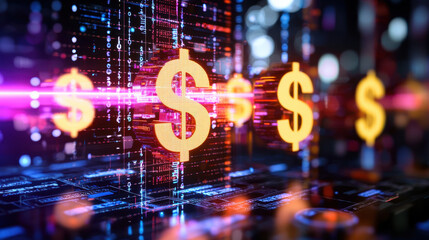 vibrant visualization of digital money analytics with glowing dollar signs, representing financial technology and data analysis in futuristic setting