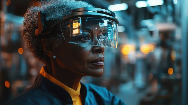 Multiethnic engineers using futuristic augmented reality glasses inside robotic factory - Industrial and technology concept - Focus on senior woman hat - Powered by Adobe
