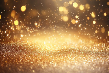 Shimmering golden glitter background with sparkling lights and soft bokeh effects.
