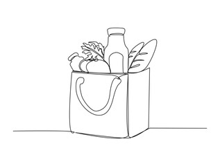 Continuous one line drawing of fresh food on paper grocery bag. Grocery paper bag in single line draw illustration. Editable stroke.