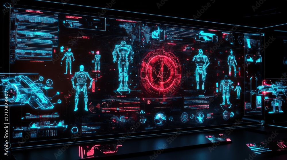 Poster futuristic tech interface: cyborg data analysis