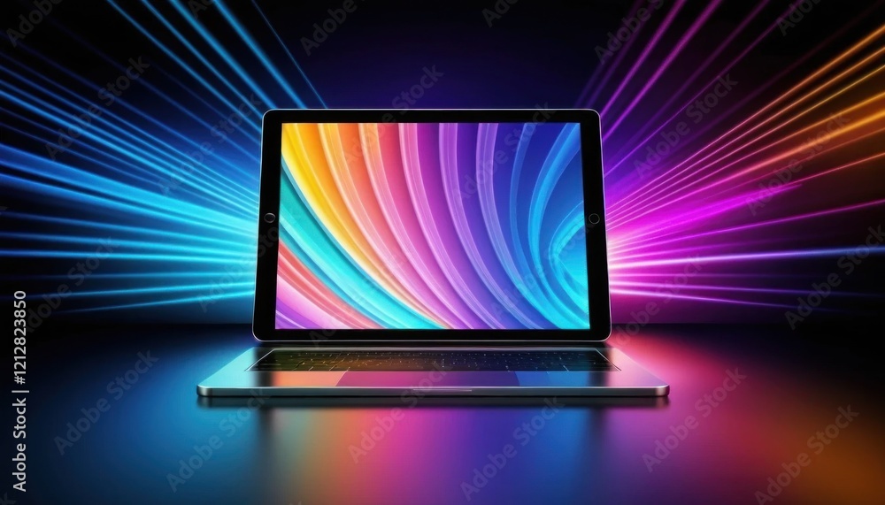 Poster sleek laptop on a vibrant stage highlighting screen with dynamic lines of color