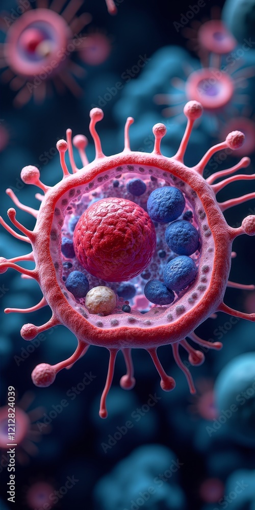 Poster 3d rendering of a virus with a pink outer layer and blue and red inner structures