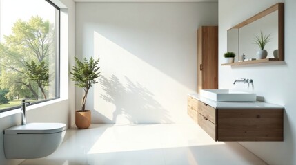 Fototapeta premium Modern minimalist bathroom design with natural light illuminating a serene space featuring wooden vanity and sleek fixtures