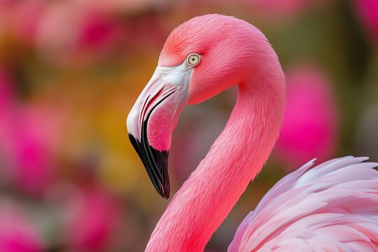 A striking close-up of a pink flamingo showcasing its vibrant plumage against a soft background.