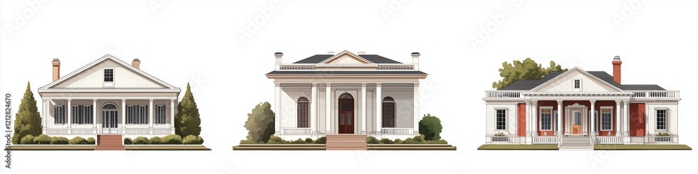Poster a collection of three distinct federal style house designs showcasing different architectural styles