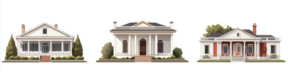 Obraz premium A collection of three distinct Federal style house designs showcasing different architectural styles. The first house features a classic porch, the second is a grand structure with columns.
