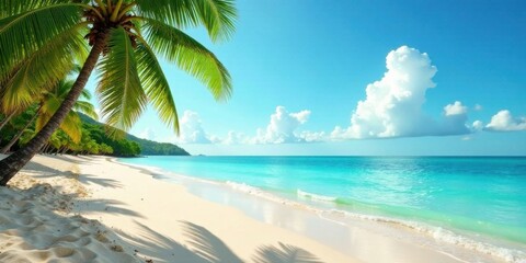 Fototapeta premium Serene Tropical Beach Scene Azure Waters, White Sand, Lush Palm Trees, and a Sunny Sky