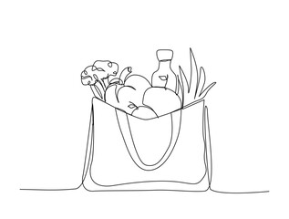 Continuous one line drawing of fresh food on paper grocery bag. Grocery paper bag in single line draw illustration. Editable stroke.