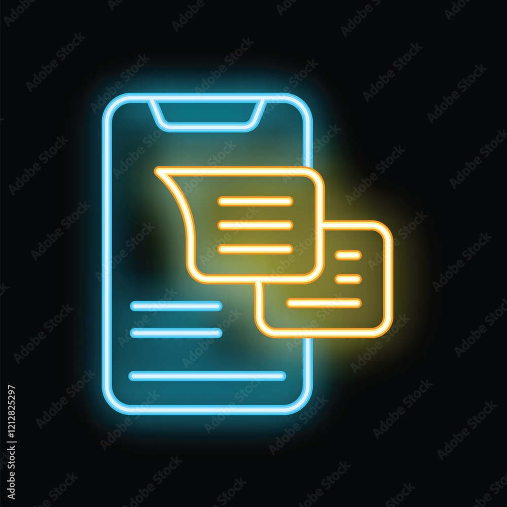 Aufkleber glowing neon icon of a smartphone with two incoming text messages, symbolizing mobile communication