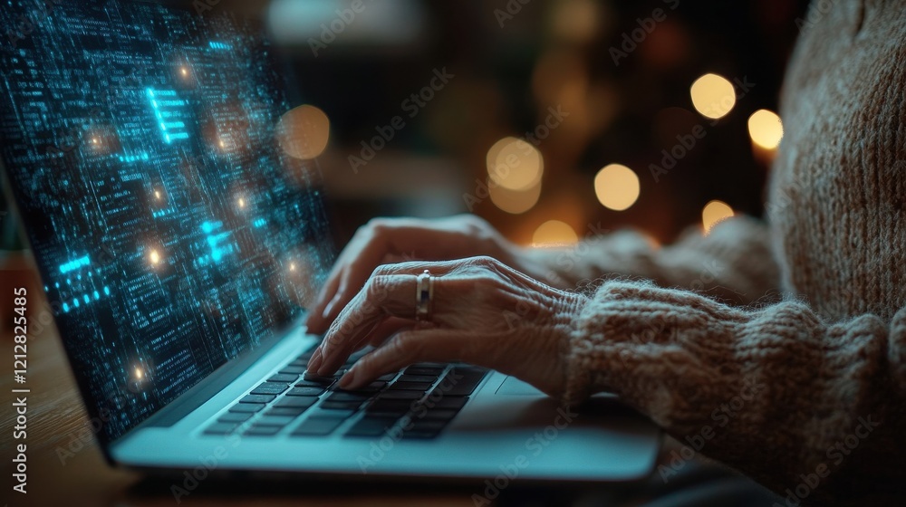 Poster technology, cyberspace and programming concept - close up of senior woman hands typing on laptop at 