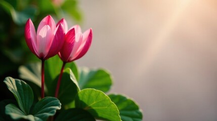 Close-up view of two vibrant pink blossoms, delicately illuminated by soft sunlight, nestled amidst lush green foliage, creating a serene and tranquil natural scene.