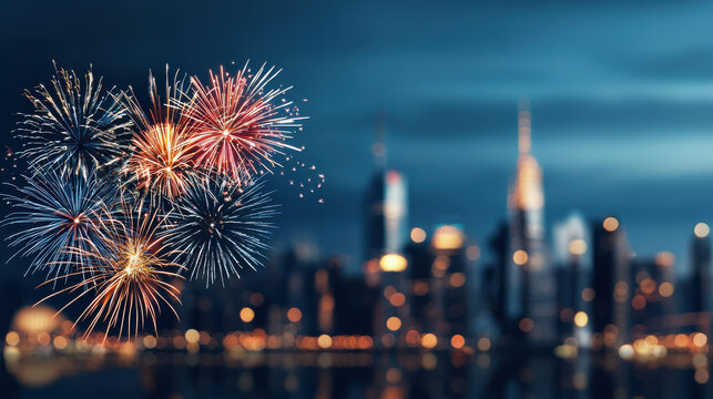 vibrant fireworks display illuminates city skyline at night, creating festive atmosphere. colorful bursts contrast beautifully against blurred urban backdrop - Powered by Adobe