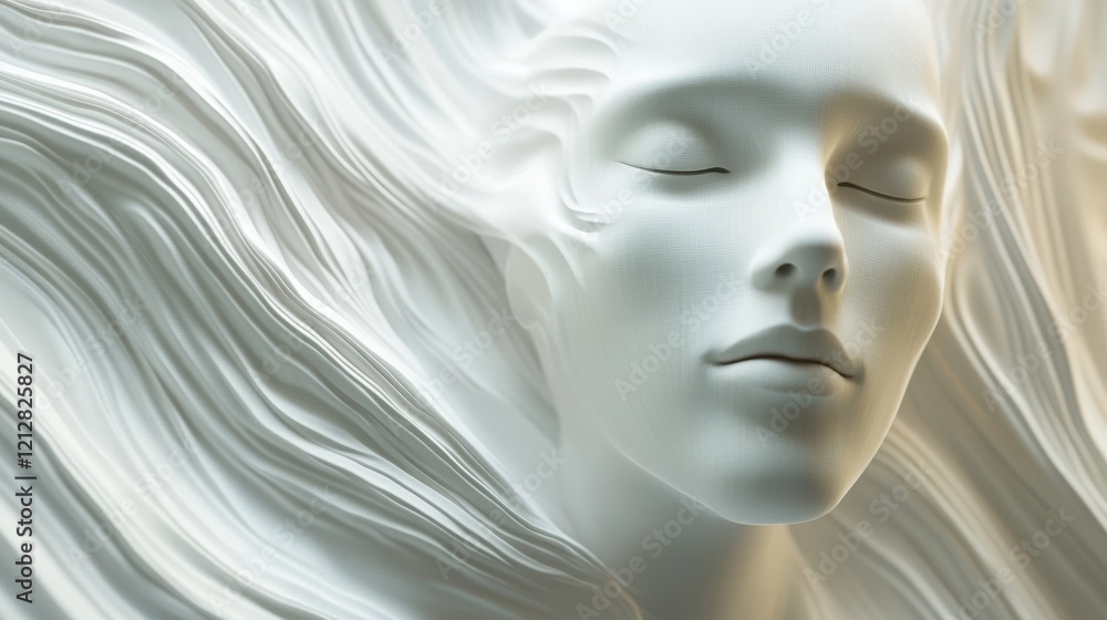 Poster close up of abstract white human head on wavy background. future, robotics and artificial intelligen