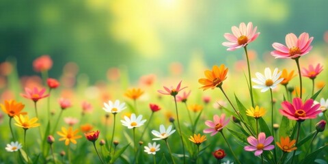 Naklejka premium Vibrant Field of Colorful Blossoms Basking in Gentle Sunlight, a Serene and Peaceful Spring Meadow Scene