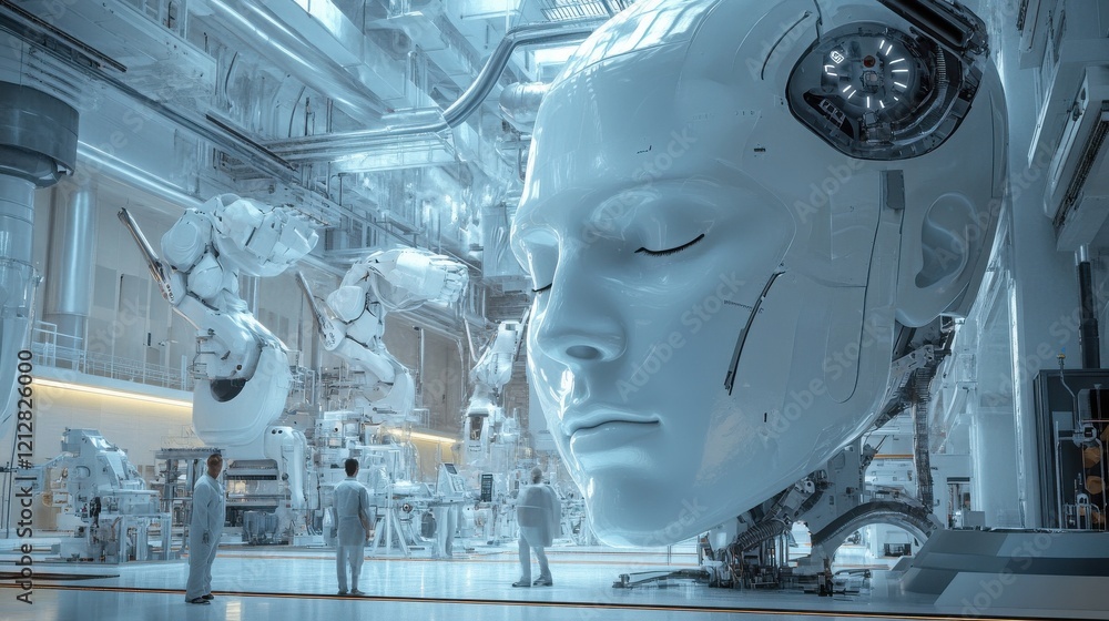 Poster engineers working at new ai prototype inside robotic factory - future, job and technology concept - 