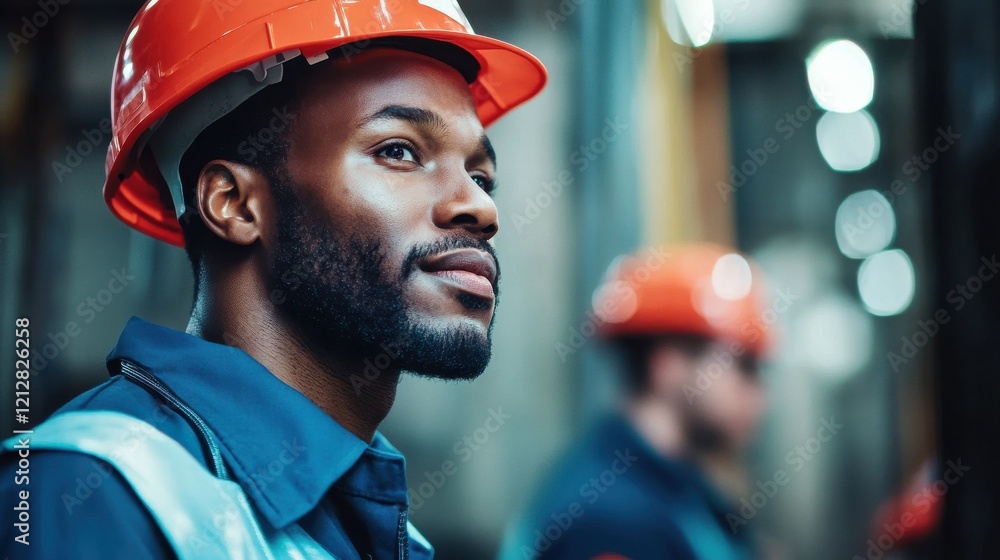 Poster multiracial engineers working inside robotic factory - soft focus on left man face