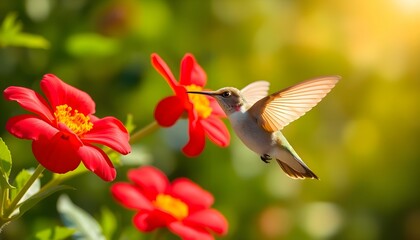 Fototapeta premium a hummingbird hovering over a red flower