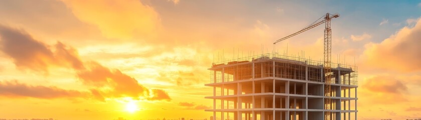 Fototapeta premium Urban construction site, building framework rising with crane against cityscape backdrop
