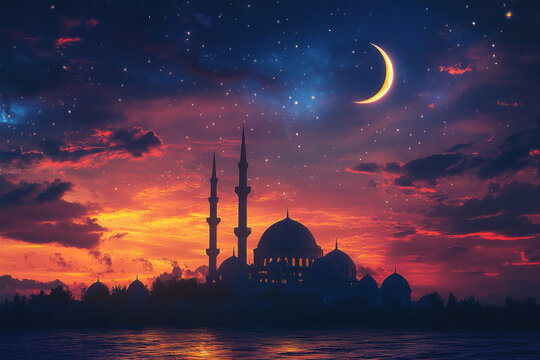 Mosque in the middle of a lake at sunset.