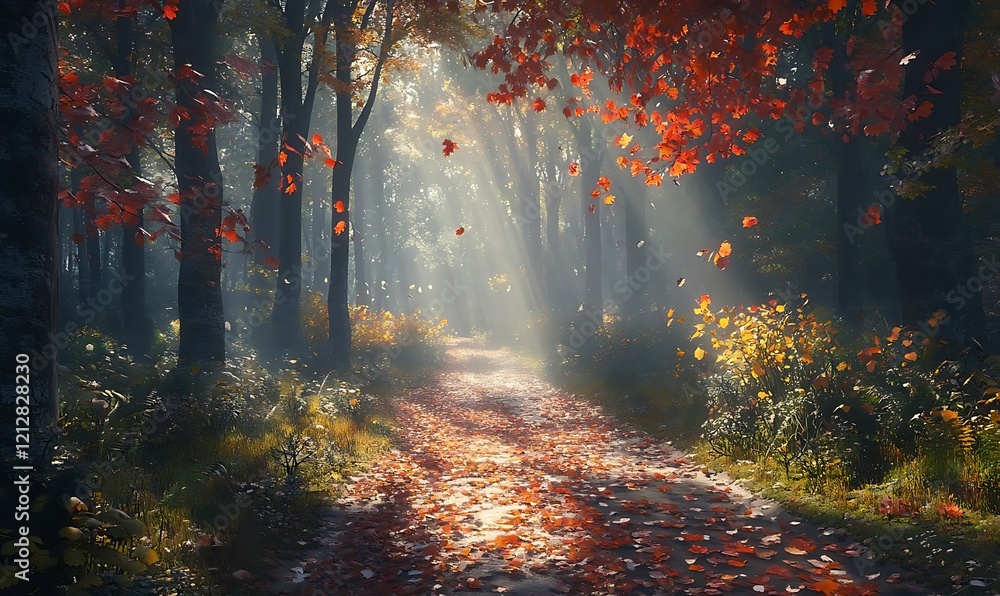 Poster sunbeams illuminate a forest path strewn with autumn leaves, creating a magical scene.