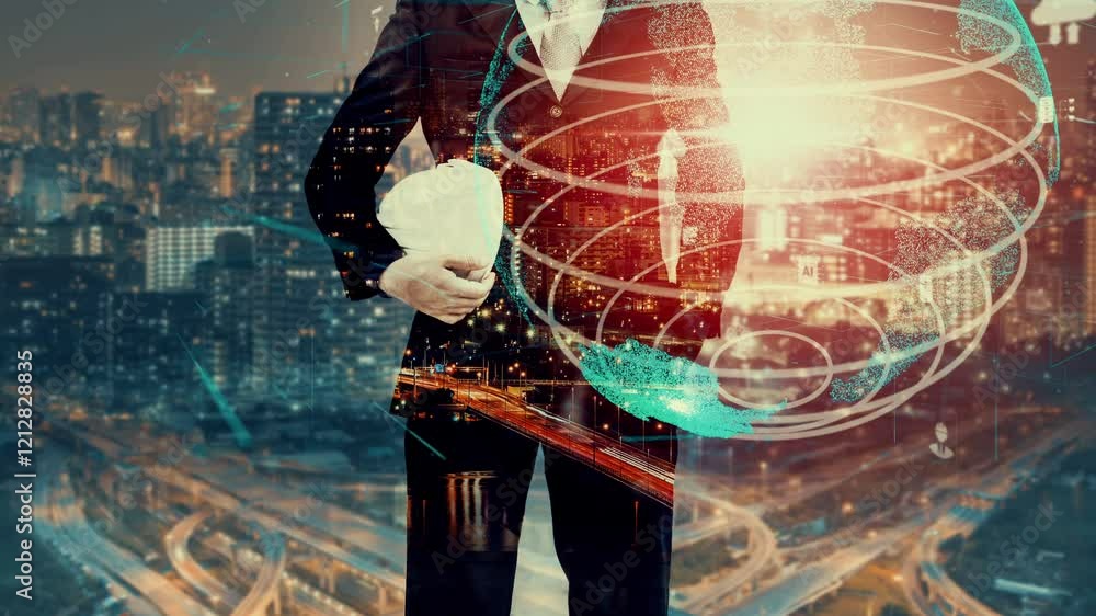 Poster future building construction and inventive engineering project concept with hud hologram graphic des