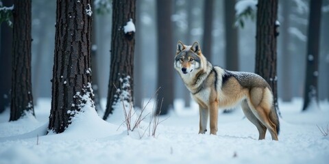 Naklejka premium A lone canine stands amidst a snow-covered winter forest, its fur dusted with snowflakes, its gaze fixed on the viewer.