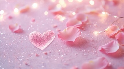 Obraz premium Minimalist Valentine's Day Design Featuring Heart Outlines and Rose Petals on Pastel Pink Surface with Soft Bokeh Lights