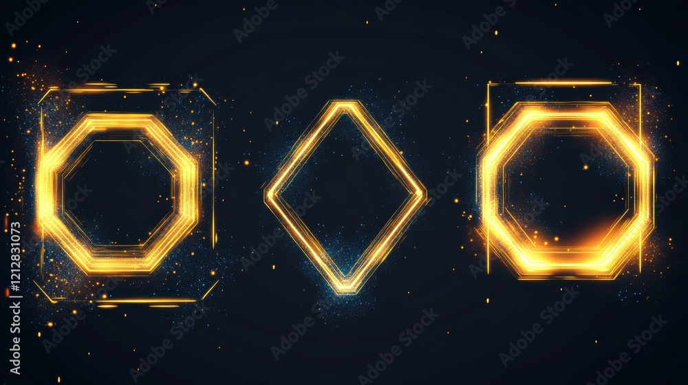 Poster set of glowing neon frames in various shapes and colors on a dark background for design projects