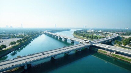 Elevated Perspective of a Modern Highway Bridge System Arching Over a Serpentine Waterway