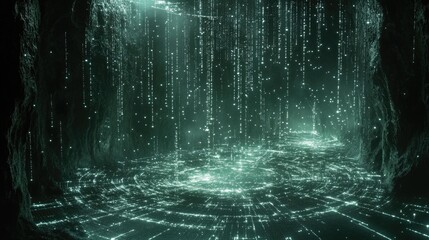 A mesmerizing cave illuminated by ethereal glowing particles creating a digital and mystical effect