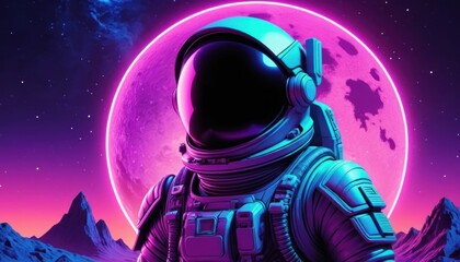 An astronaut in a spacesuit against a large pink moon with a dark starry sky and mountains