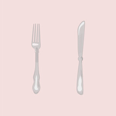 Fork and knife flat vector illustration. Flat thin outline restaurant cutlery for dining isolated on a white background designed for pub, cafe, and food court symbol or logo.