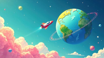 A whimsical rocket ship soars through a pastel sky, approaching a vibrant, cartoonish Earth adorned with a luminous ring, surrounded by fluffy clouds and celestial bodies.
