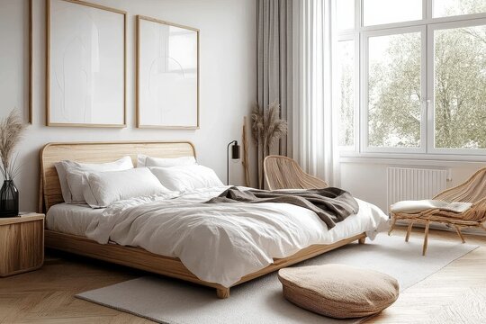 Fototapeta Stylish white room featuring natural wooden furnishings.