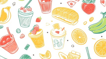 Fototapeta premium Colorful Hand-Drawn Food and Drink Illustrations on White Background